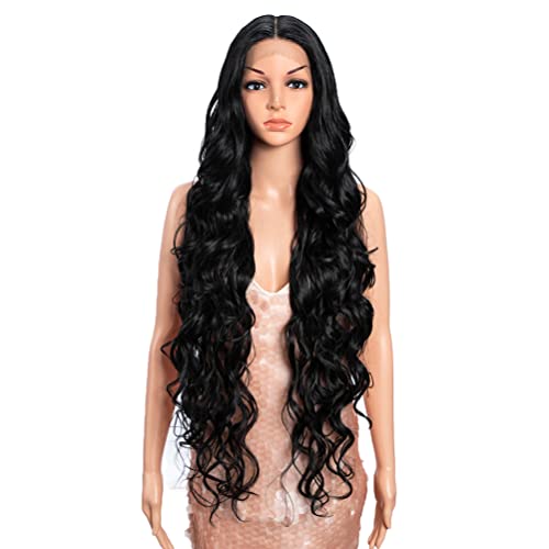 Style Icon 36" Lace Front Wigs Super Long Big Curl Black Wigs With Baby Hair 130% Density Heat Resistant Fiber Synthetic Wig (36 Inch, 1B)