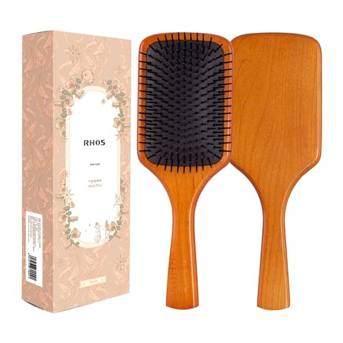RHOS Wooden Paddle Hair Brush With Nylon Bristles for Men&Women,Large Wood Paddle Hair Brush for Detangling,Massage-Cushion Square Hair Brush for Thick,Curly,Thin,Long,Short Hair