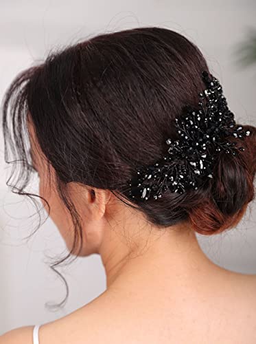 Teyglen Women Dainty Black Rhinestones Crystal Bride Wedding Hair Comb Headband Luxurious Hair Accessories Shiny Black Rhinestones Crystals Bridal Side Hair Combs for Women Bride Girls