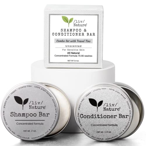 /liv/ Nature Unscented Solid Shampoo Bar and Conditioner Set with Travel Case | 100% Plant-Based | Gentle & Safe for Sensitive Skin and Psoriasis | Eco Friendly Gift | Travel Essentials | USA (2-pack)