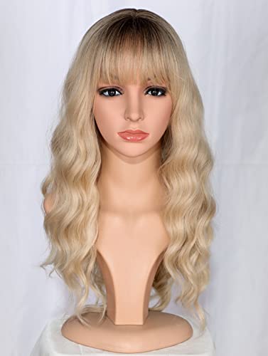 SYMEIW Medium Long Blonde Wavy Wigs For Women Synthetic Full Hair Wigs With Bangs For Daily Use (Blonde)