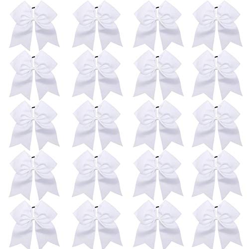 Hipcheer 20pcs 8" Large White Cheer Bows for Girls, Hand-made Grosgrain Ribbon Hair Accessories for Teen Girls Softball Cheerleader Sports (White)