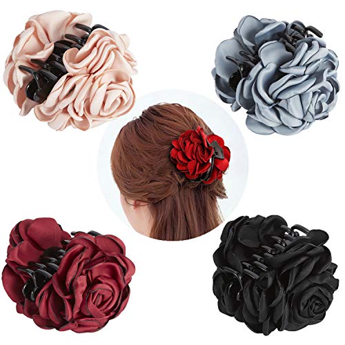 Lawie 4 Pack Large Black Burgundy Red Butterfly Octopus Ribbon Silk Chiffon Rose Flower Plastic Hair Claw Clips Fabric Floral Bows Jaw Barrettes Grips Clamps Twist Hair Accessories for Women Girls