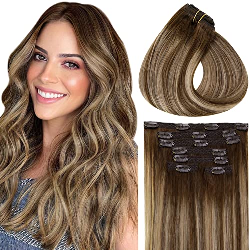 Vivien Balayage Clip in Hair Extensions Human Hair 16 Inch #4/27/4 Chocolate Brown to Caramel Brown Clip in Real Hair Extensions Clip in Ombre Human Hair Full Head Set 7pcs 120g