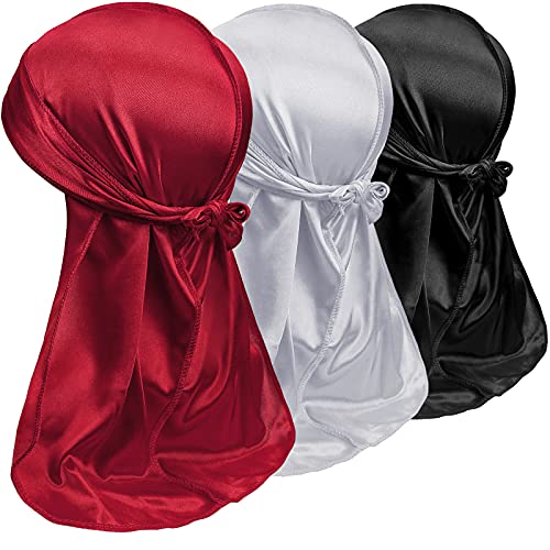 3PCS Silky Durag Pack for Men Waves, Satin Doo Rag for 360 540 720 Waves, Ideal Gifts for Christmas (Red+White+Black)