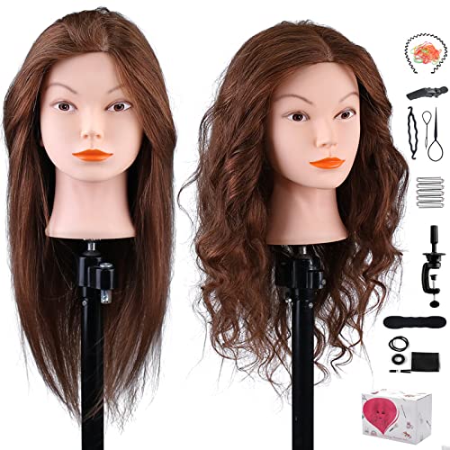 18'' Mannequin Head with 100% Human Hair, Cosmetology Mannequin Head Real Hair Hairdressing Practice Training Heads Hair Styling with Clamp Holder and Tools, Dark Brown