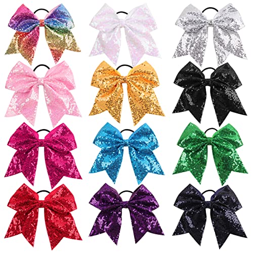 Oaoleer 12PCS 7" Large Glitter Cheer Hair Bows Ponytail Holder Elastic Band Handmade for Cheerleading Teen Girls College Sports (Sequin Mixed-color 12PCS)