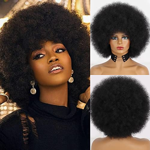 Xinran Short 70s Afro Wigs for Black Women, Large Synthetic Black Short Afro Wig 70's, 8 Inches 60s Afro Wig for Women Bouncy and Soft Natural Looking(Black)
