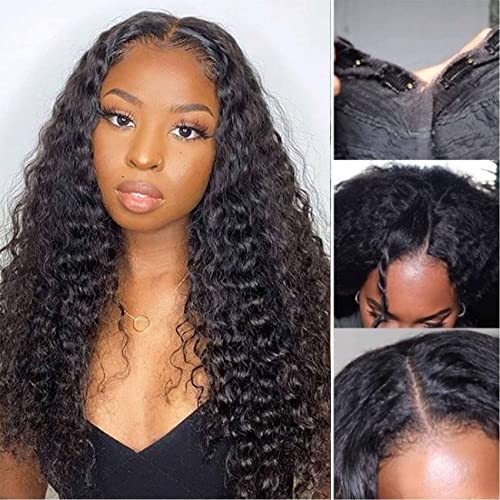 VIVIBABI V Part Wig Water Wave Human Hair No Leave Out Upgrade Wigs Human Hair Wig Curly Wigs for Black Women V Part Wigs No Sew In No Glue 180% Density Natural Color (20 Inch)