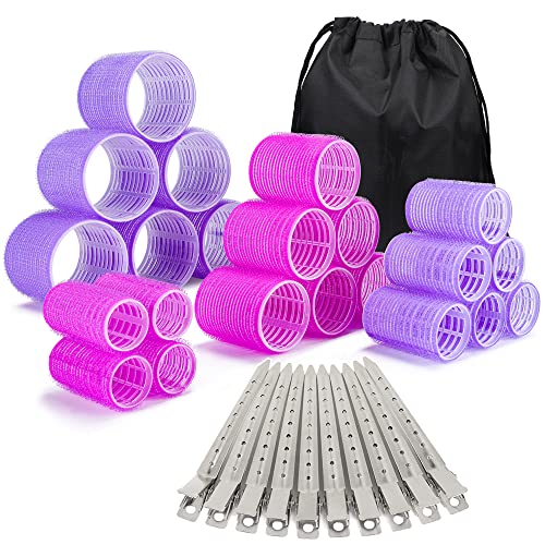 33 Pcs Hair Rollers set, Self Grip Hair Rollers for Long Medium Short Hair, ELASO Jumbo Large medium Hair Curlers (22 Velcro Rollers + 10 Stainless steel Clip +1 Storage Bag)