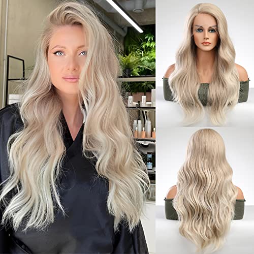 HAIRCUBE Mixed Blonde Wigs for Women Long Curly Layered Lace Wig Side Part