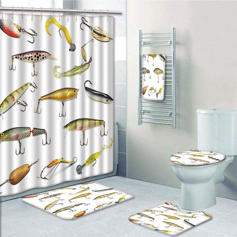 PRTAU Fishing Tackle Bait for Spearing Trapping Catching Aquatic Animals Molluscs 5 Piece Bathroom Set Shower Curtain Bath Towel Bath Rug Contour Mat and Toilet Lid Cover