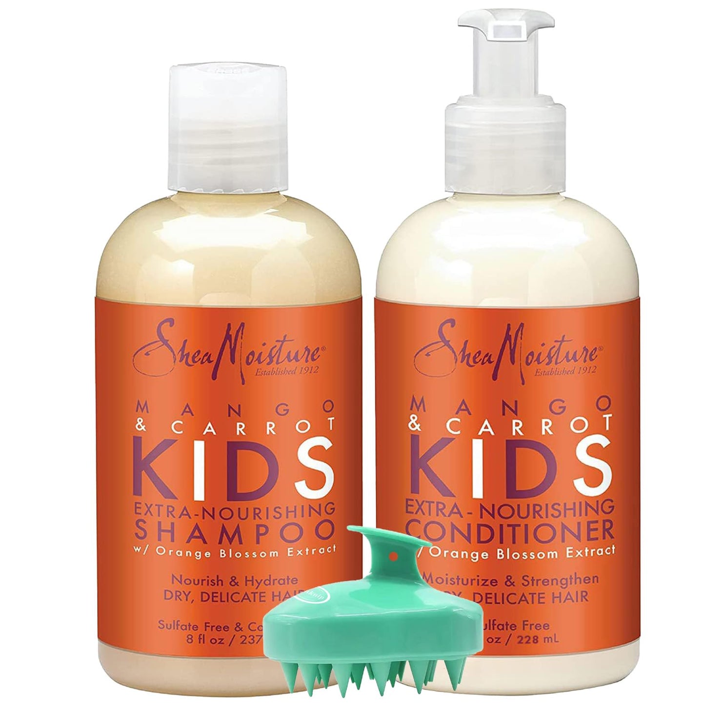 Shea Moisture Mango & Carrot Kids Extra-Nourishing Shampoo (8 oz.) and Conditioner (7.7 oz.) Set, with Orange Blossom Extract for Dry, Delicate Hair - Bundled with Peaknip Scalp Massager Brush