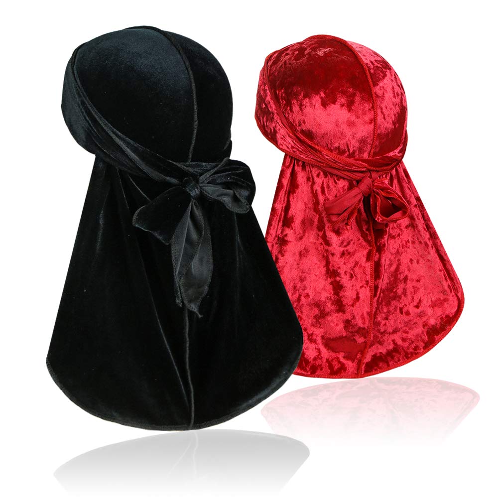 ASHILISIA 2 Pcs Wave Durags (Velvet Durag and Crushed Velvet Durag) – Premium Soft Headwraps with Extra Long Tail Perfect for 360 Waves