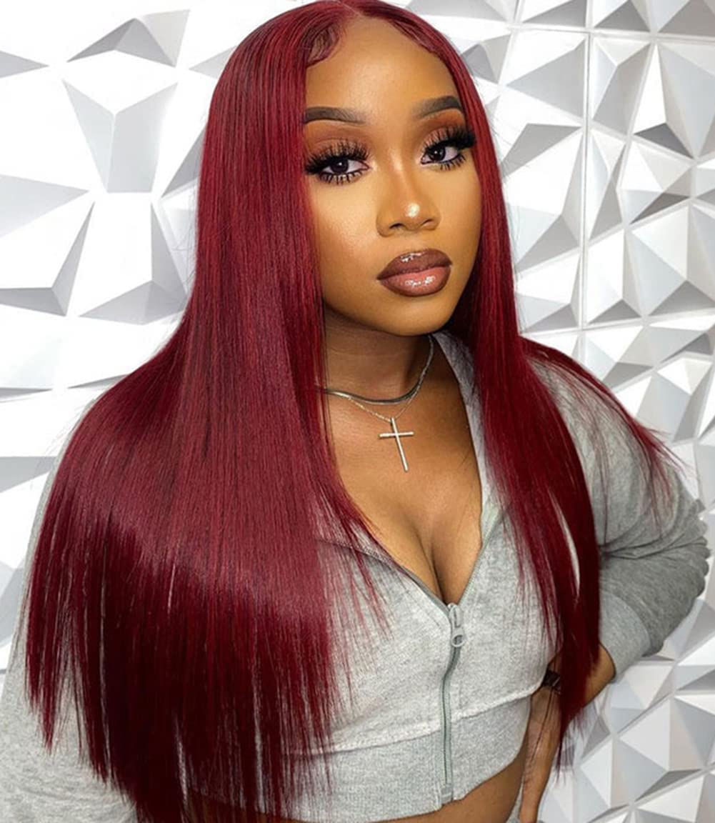ULRICA 99J Burgundy Straight Lace Front Wigs Human Hair 13x4 Transparent Lace Front Wigs Pre Plucked Hairline with Baby Hair 150% Density Wine Red Colored 20inch