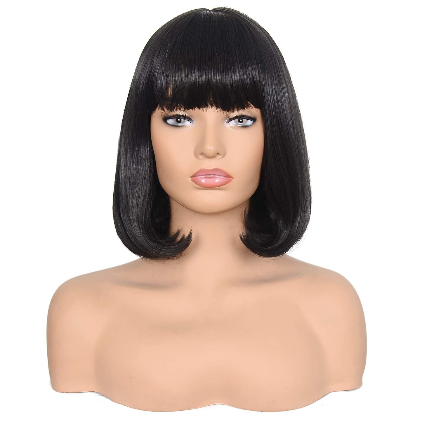 morvally Short Straight Bob Wig Heat Resistant Hair with Blunt Bangs Natural Looking Cosplay Costume Daily Wigs (14", 2# Black)