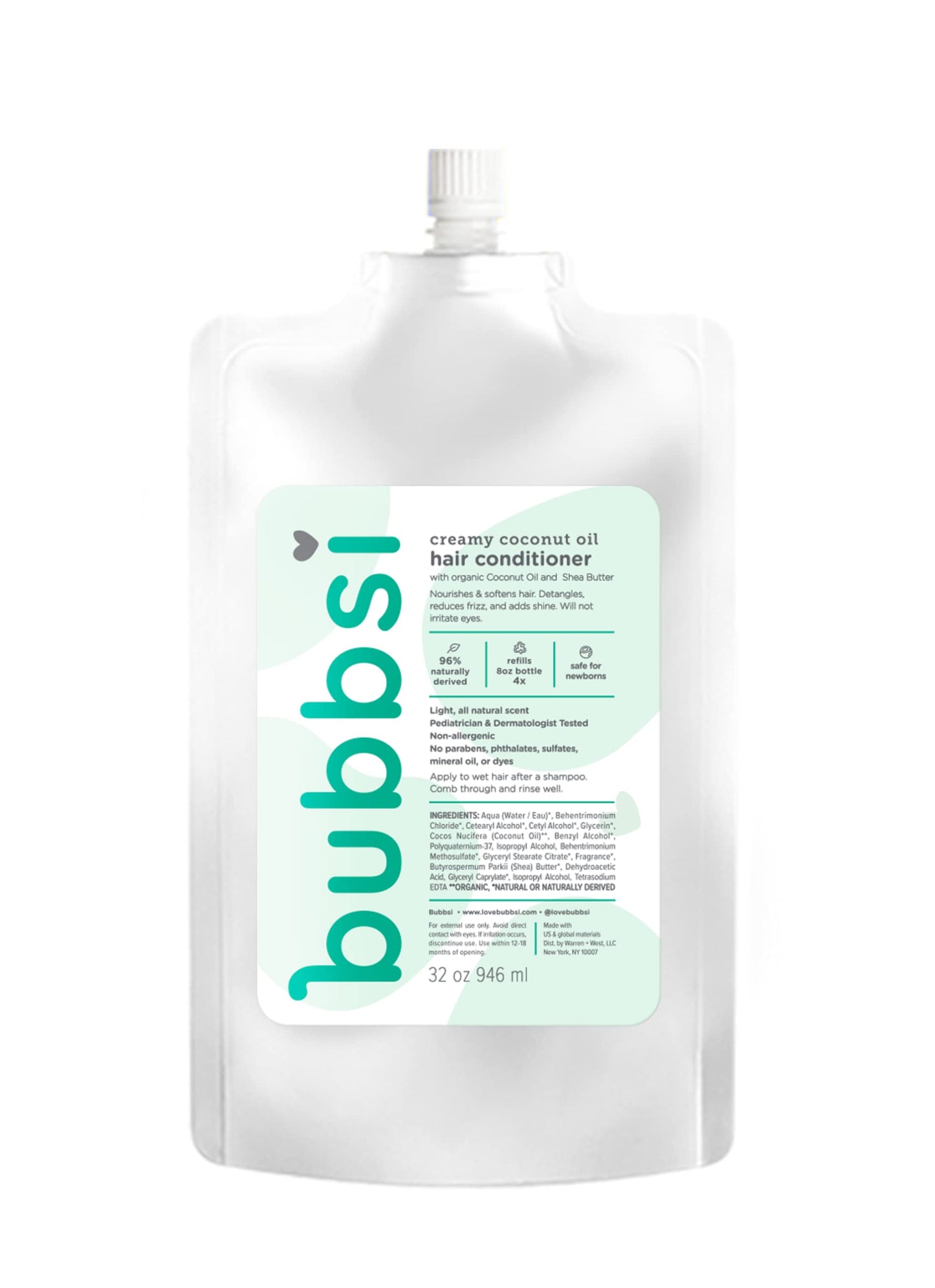 Bubbsi Creamy Coconut Oil Hair Conditioner for Kids, Baby | Light Natural Scent | Won't irritate eyes | Organic Coconut Oil + Shea | Sulfate-free, Nourishing | Curly or Dry Hair (Refill Pouch, 32oz)