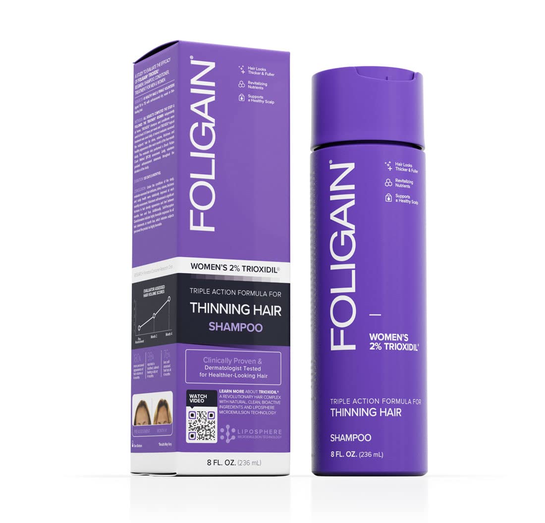 Foligain Triple Action Shampoo For Thinning Hair, Women’s Volumizing Shampoo with 2% Trioxidil, 8 Fl. Oz. (WRGroup)