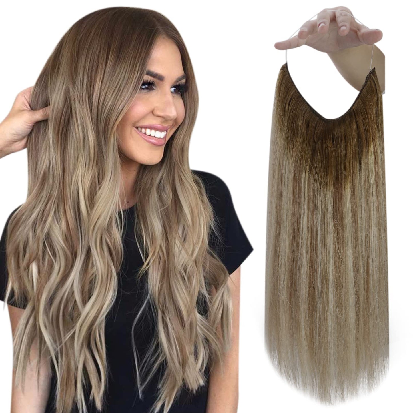 Fshine Hair Extensions Human Hair Balayage Walnut Brown to Ash Brown and Butter Blonde 18 Inch 80g Wire Hair Extensions Natural Hair Extensions