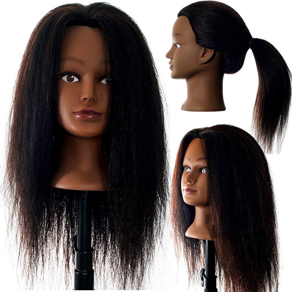 100% Real Hair Mannequin 22"-24" Afro Fluffy Light Yaki kinky Straight Textured Cosmetology Beauty School Head Included C-Clamp free of Purchase Black(22~24 Inch, 2)#2
