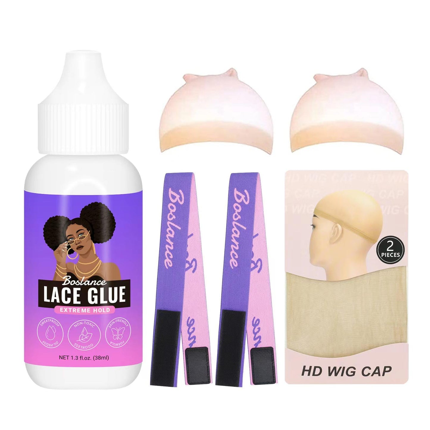 Boslance Lace Wig Glue for Lace Front Wigs,2 Pcs HD Wig Cap Stocking Caps Invisible Hd Wig Cap Sheer Stocking Caps for Wigs,2 Pcs Elastic Bands for Wigs Features Velcro Strap to Lays Down Edges