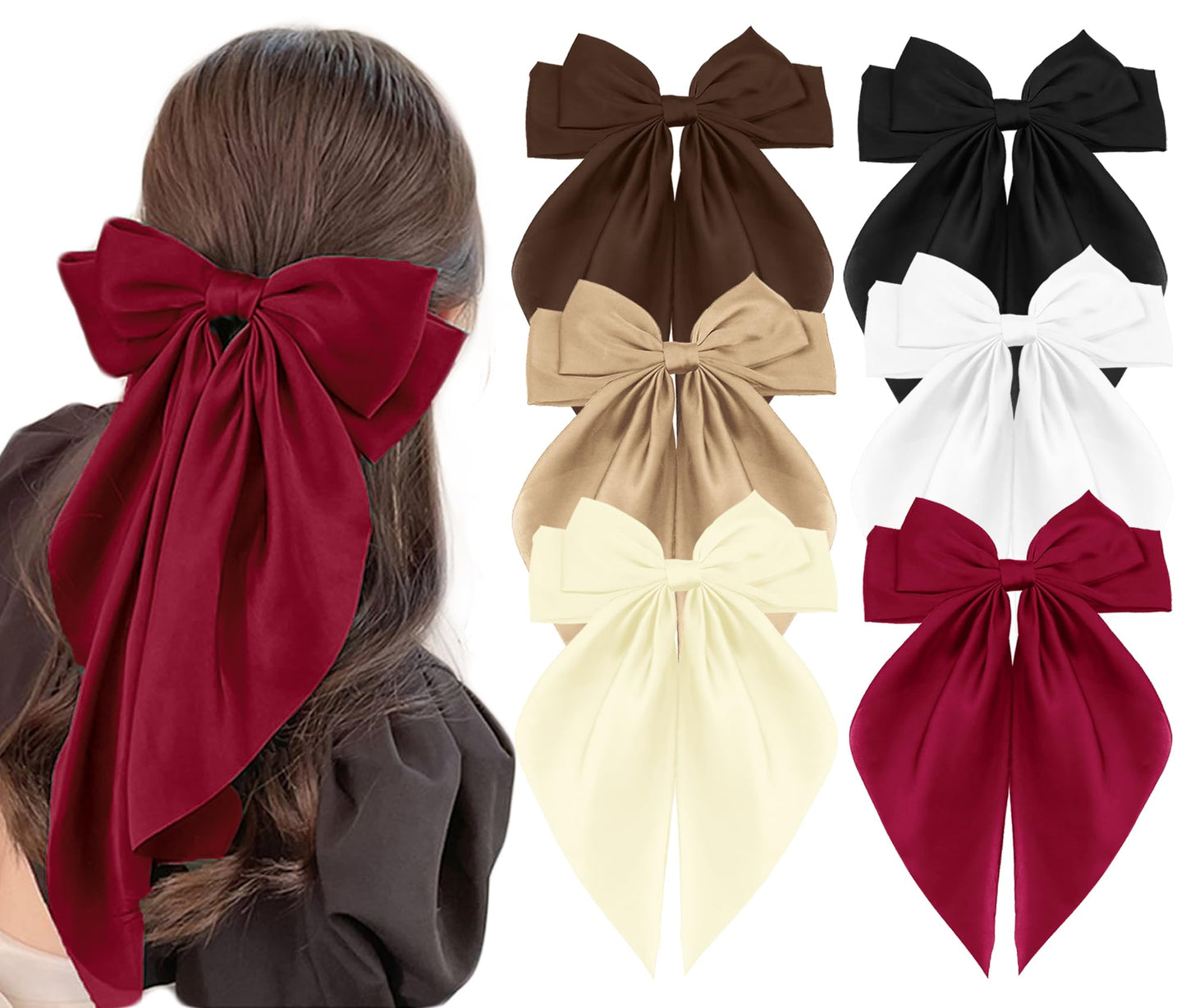 6 Pcs Big Bow Hair Clips for Women Girls Silky Satin Large Hair Bows Soft Long Tail Oversized Hair Ribbon Clips Bowknot Metal Spring Hair Barrettes (6 Colors 03)