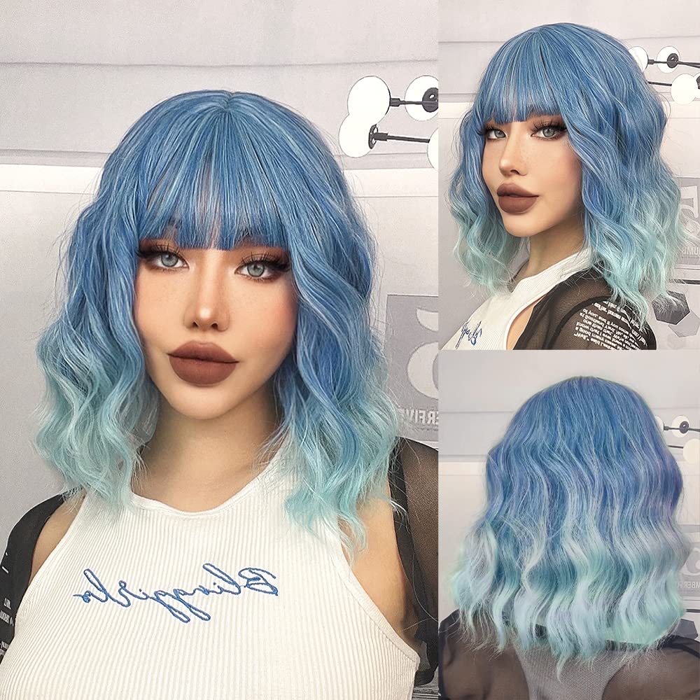 MUPUL Ombre Blue Wig Short Body Wavy Bob Wigs for Women With Bangs Shoulder Length Synthetic Cosplay Party Wig for Girls Daily Use Colorful Wigs