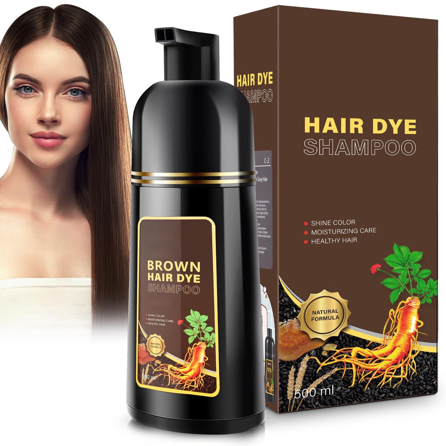 Black Hair Dye Shampoo for Gray Hair, Hair Color Shampoo for Women Men Gray Coverage, Herbal Ingredients 3 in 1 Black Hair Dye 500ml (Black)