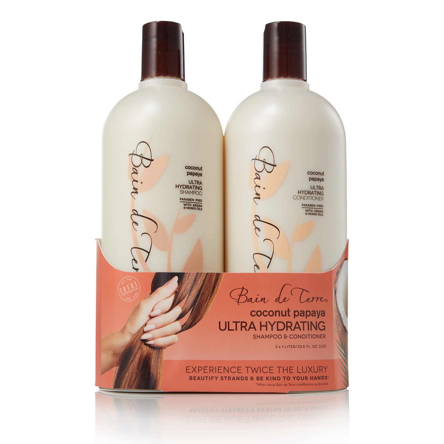 Bain de Terre Ultra Hydrating Shampoo and Conditioner Set Duo | Coconut Papaya | Hydrates Overly Dry, Damaged Hair | Paraben Free | Color-Safe | 33.8 Fl Oz