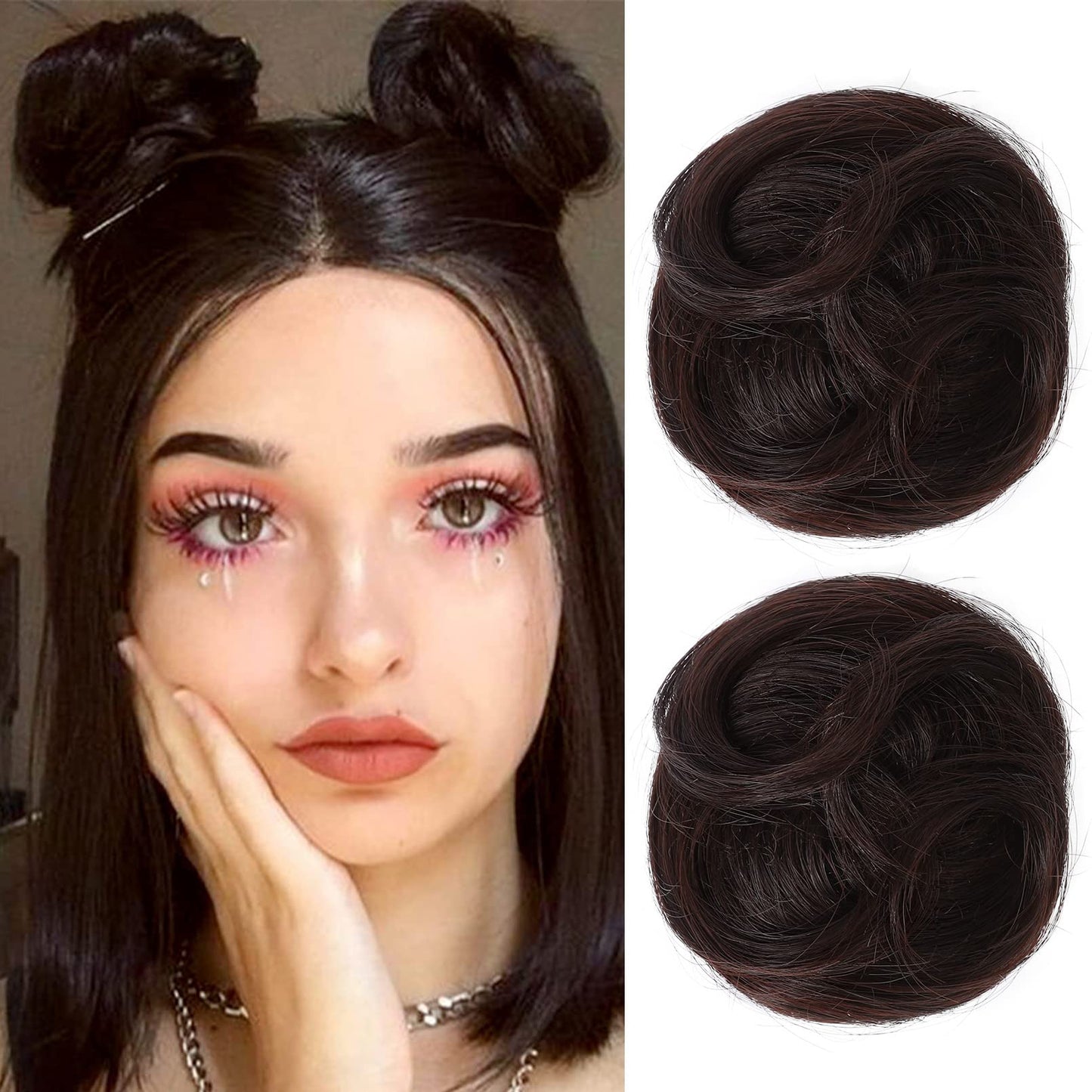 REECHO 2 PCS Mini Claw Clip in Messy & Cat Ears Hair Bun Extensions HB001 Wig Accessory Updo Hairpieces for Women Girls (Pack of 2-3.5" Wavy, Dark Brown)