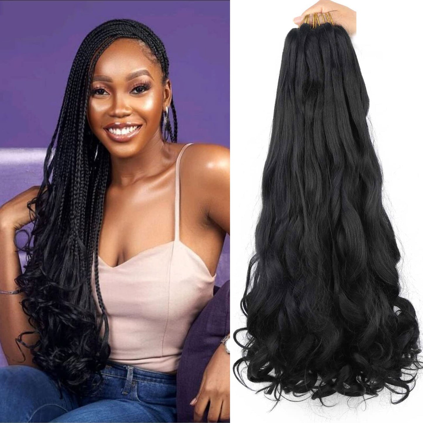 LMZIM French Curly Braiding Hair 9 Pack Black French Curls 22 inch Bouncy Braiding Hair French Curl Braiding Hair Curly ends Synthetic Hair Extensions Pre Streched Wavy Braiding Hair