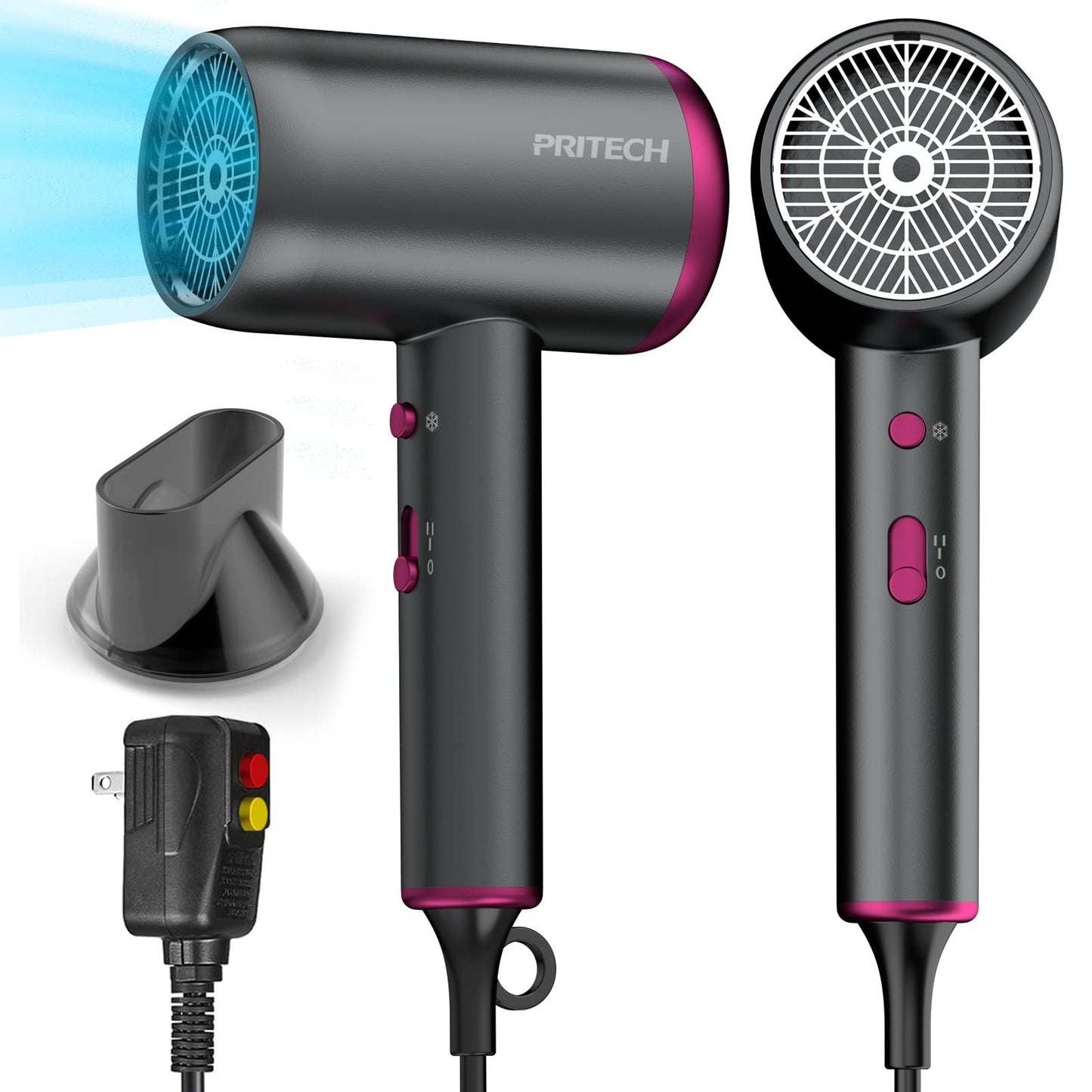 Ionic Hair Dryer, PRITECH 1875W Professional Hair Blow Dryer, Portable Travel Hair Dryer HairDryer with Concentator Nozzle and Powerful Hot/Cool Wind Settings, Pro Negative Ion Quiet for Salon