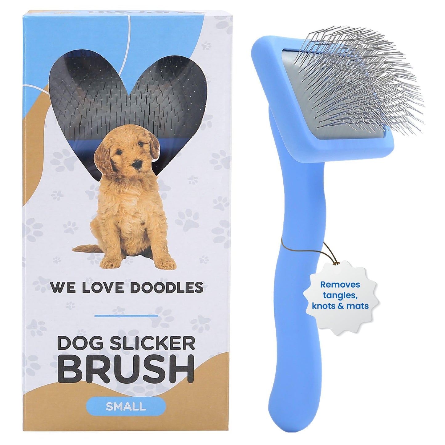 We Love Doodles Dog Slicker Brush for Grooming Pet Hair - Best Brushes For Poodle & Golden Doodle - Long Haired Brush For Dogs - Goldendoodle Long Pin Brush For Dematting (Small)