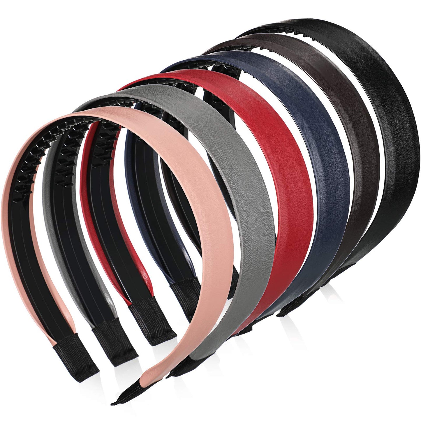 6 Pieces Skinny Leather Covered Headband Plastic Simple Headbands for Women Girls Hairbands Hair Hoop Solid Color Headband (Matte Pink, Wine Red, Navy Blue, Coffee, Black and Grey, 2.5cm)