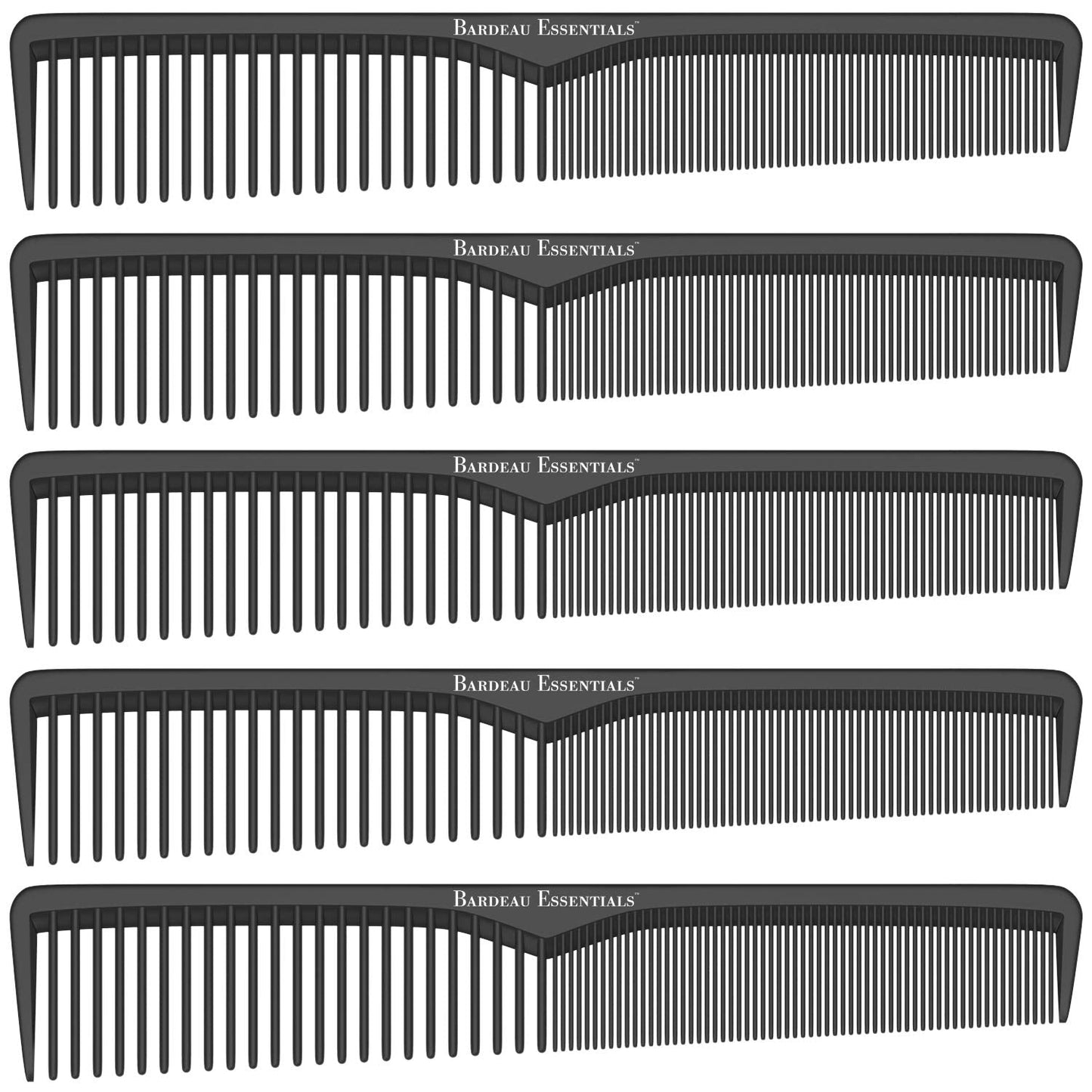 Styling Comb (5 Pack) | Professional 7 Inch Black Carbon Fiber Anti Static Chemical And Heat Resistant Comb For All Hair Types | Fine and Wide Tooth Comb For Men and Women | By Bardeau Essentials