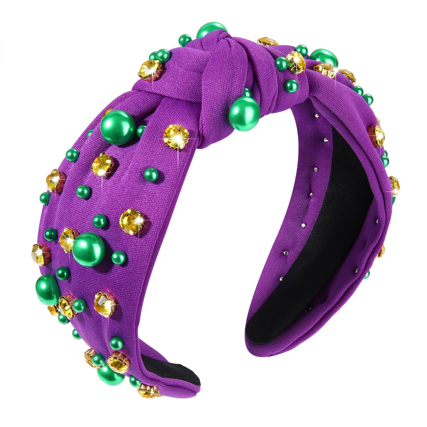 Mardi Gras Headband for Women Purple Green Gold Pearl Rhinestone Jeweled Knotted Hairband Carnival Parade Wide Knot Head Band Mardi Gras Party Hair Accessories (Purple knot hairband B)