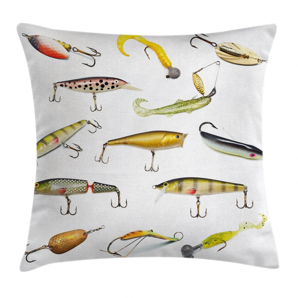 Fishing Decor Throw Pillow Cushion Cover, Fishing Tackle Bait for Spearing Trapping Catching Aquatic Animals Molluscs Design, Decorative Square Accent Pillow Case, 16 X 16 Inches, Multi, by Ambesonne