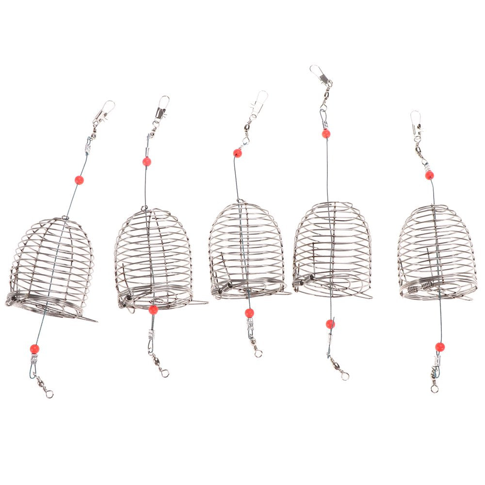 Hemoton 8Pcs Stainless Steel Fishing Bait Cage Lure Cage Bait Fishing Trap Basket Feeder Holder Fishing Tackle(Red, Large)