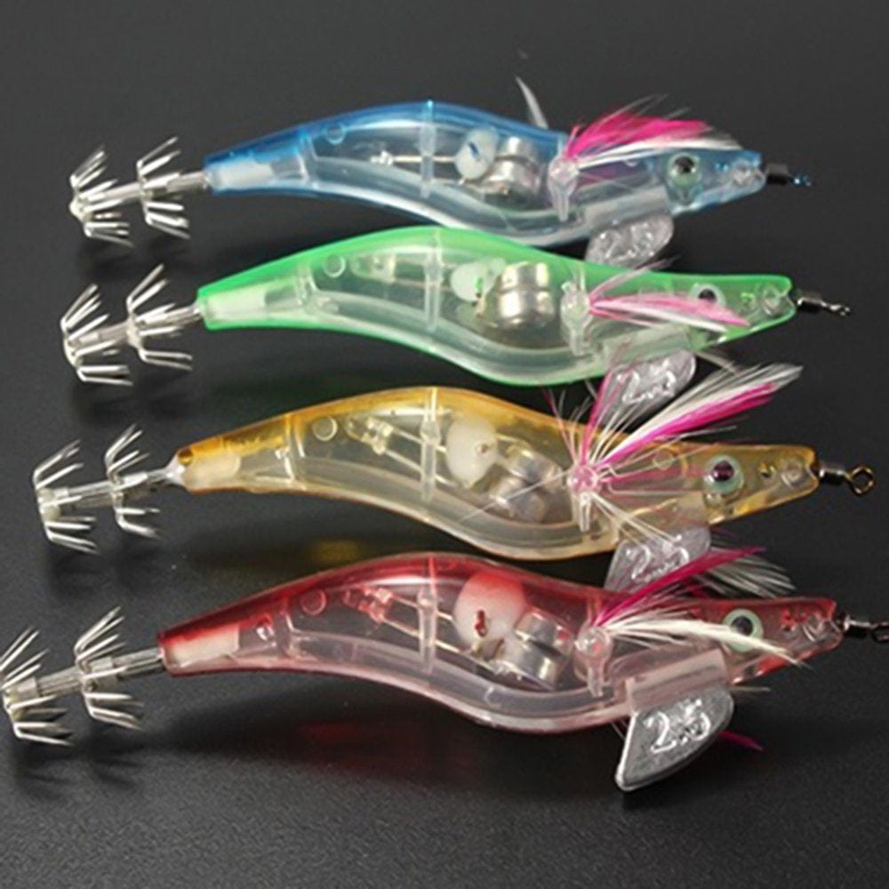 Opolski 1Pc Shrimp Fishing Lure LED Luminous Jig Squid Hook Bait Tackle Glow in Water