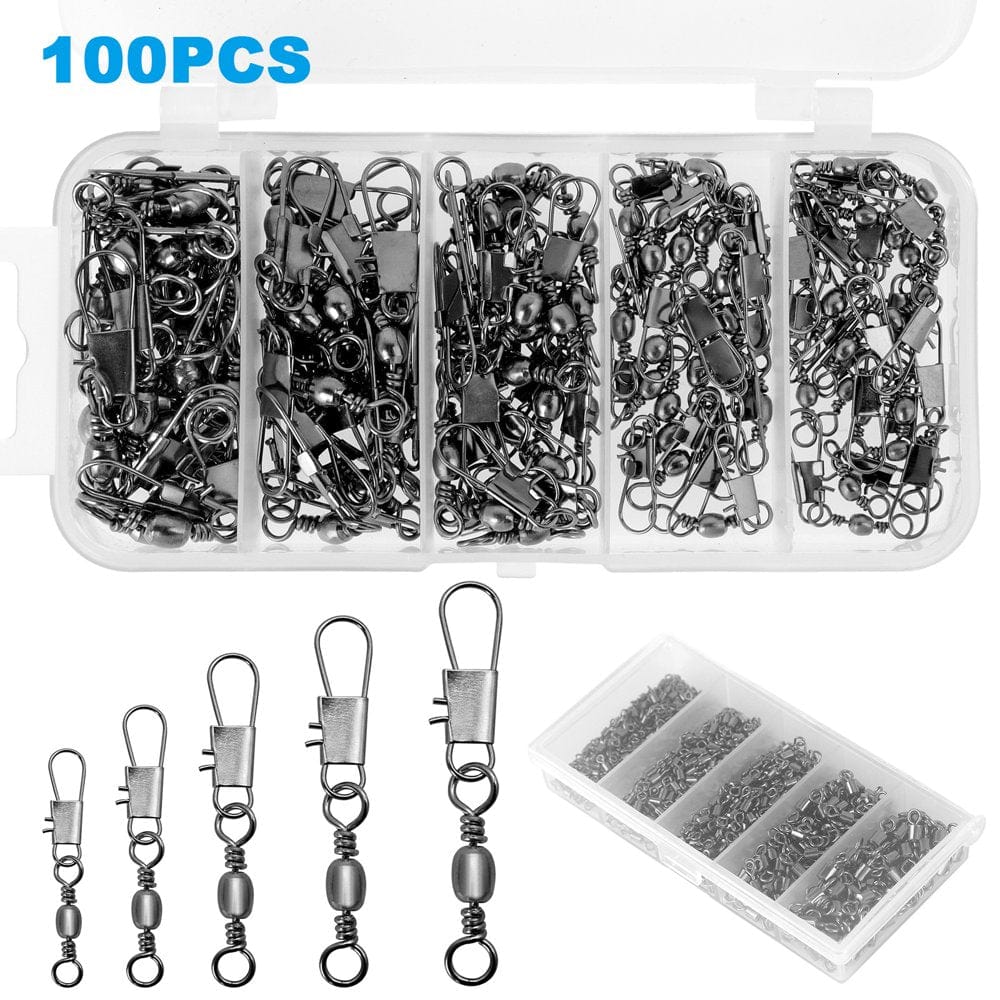 100Pcs Fishing Swivels, Fishing Rolling Ball Bearing Barrel Swivel with Safety Snaps High Strength Fishing Connector Swivels Stainless Steel Saltwater Strong Solid Rings Fishing Tackle Accessories