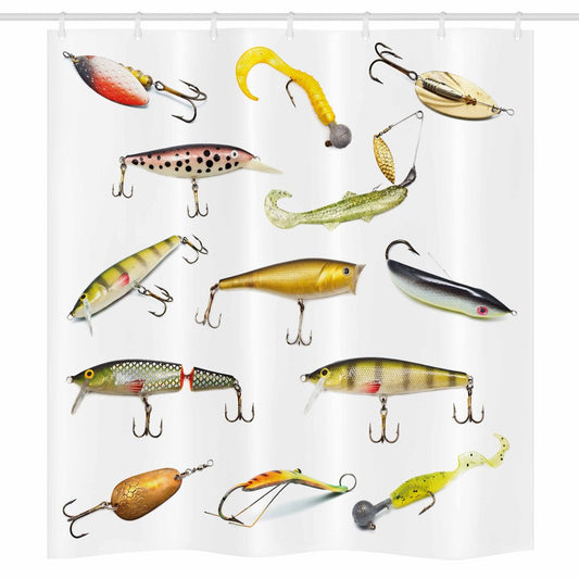 Fishing Stall Shower Curtain, Fishing Tackle Bait for Spearing Trapping Catching Aquatic Animals Molluscs Design, Fabric Bathroom Set with Hooks, 36W X 72L Inches Long, Multicolor, by Ambesonne