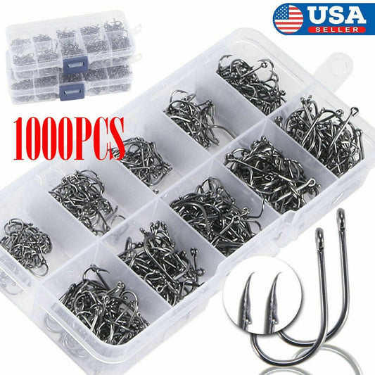 2Z 1000Pcs Fish Hooks, Eeekit 10 Sizes Fishing Black Silver Fishing Hooks Sharpened with Box Quality Kit Fishing Tackle Set, High Carbon Steel Fishing Hook for Saltwater Freshwater