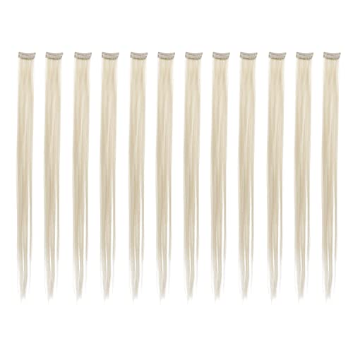 SWACC 12 Pcs Straight One Color Party Highlights Clip on in Hair Extensions Colored Hair Streak Synthetic Hairpieces (Platinum Blonde)