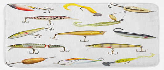 Fishing Kitchen Mat, Fishing Tackle Bait for Spearing Trapping Catching Aquatic Animals Molluscs Design, Plush Decorative Kitchen Mat with Non Slip Backing, 47" X 19", Multicolor, by Ambesonne