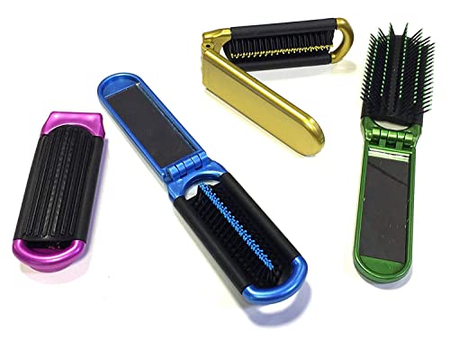 4 ALAZCO Folding Hair Brush With Mirror Compact Pocket Size Travel Car Gym Bag Purse Locker