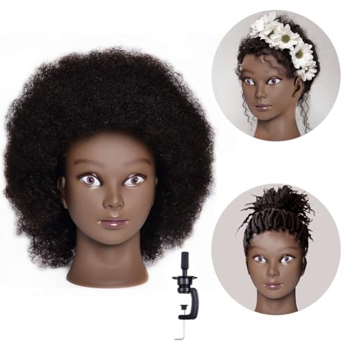 Rruaneal Afro Hair Mannequin Head With 100% Human Hair Curly Cosmetology Doll Head Stand for Display Hairdresser Practice Braiding Styling Training head mannequin（2# Black 10Inch）