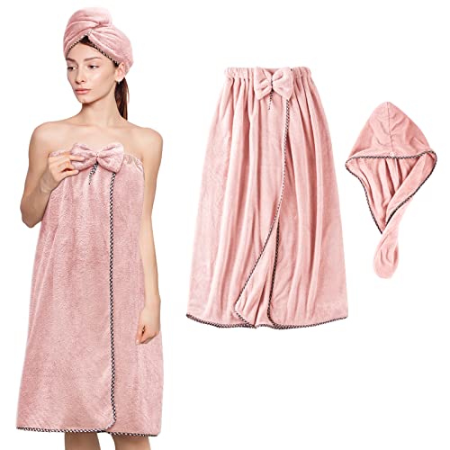 KOIKEY Hair Towel Women Bath Wrap - Adjustable Microfiber Super Absorbent to Quick Drying Hair and Body for Gym, Spa, Sauna and Shower After Body Cover, Pink