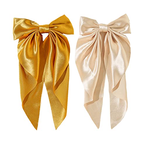 Yuyeran 2Pcs Super Big Bow Hair Clips French Style Soild Color Knotted Bowknot Spring Snap Barrettes Hair Clips with Long Ribbon for Women Girls (Champagne+Gold)