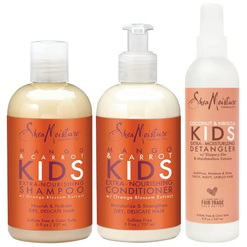 Shea Moisture KIDS Shampoo and Conditioner Set, Extra-Nourishing Mango & Carrot + Coconut & Hibiscus Detangler Spray for KIDS, 8 Fl Oz (3 Piece Set)