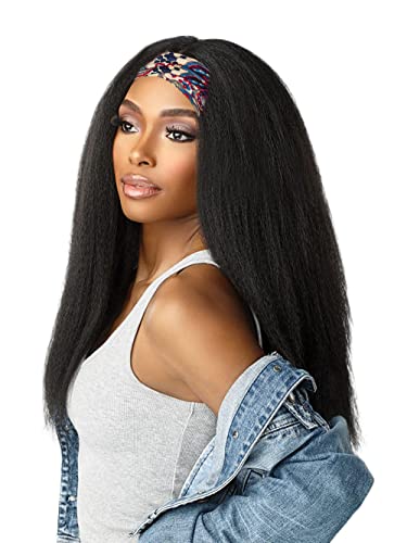 Aminow Kinky Straight Headband Wig, Soft & Natural as Human Hair, Glueless Headband Wigs for Black Women, Long Black Italian Yaki Synthetic Half Wig 20 Inch
